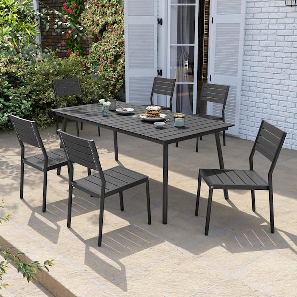 Pellebant 7-Piece Aluminum Frame Wood-Plastic Composite Rectangular Outdoor Dining Set with Umbrella Hole, Black