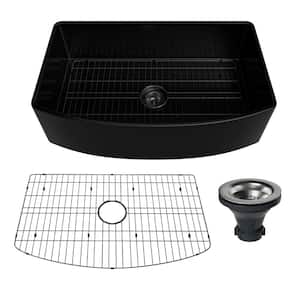 33 in. Farmhouse Apron Single Bowl Matte Black Fireclay Curved Design Kitchen Sink with Bottom Grid and Strainer