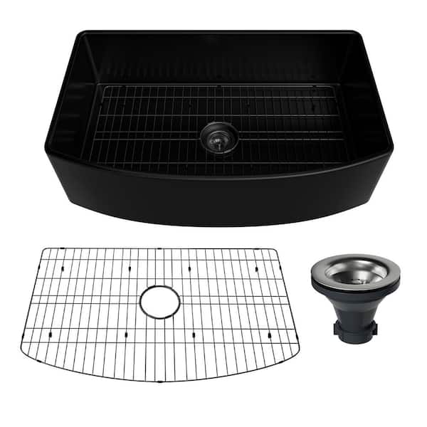 CASAINC 33 in. Farmhouse Apron Single Bowl Matte Black Fireclay Curved Design Kitchen Sink with Bottom Grid and Strainer
