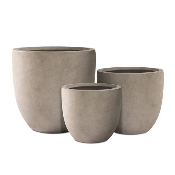 KANTE 18", 14" and 10"W Weathered Concrete Round Set of 3, Outdoor Indoor Modern Planter Pots Lightweight w/ Drainage Hole