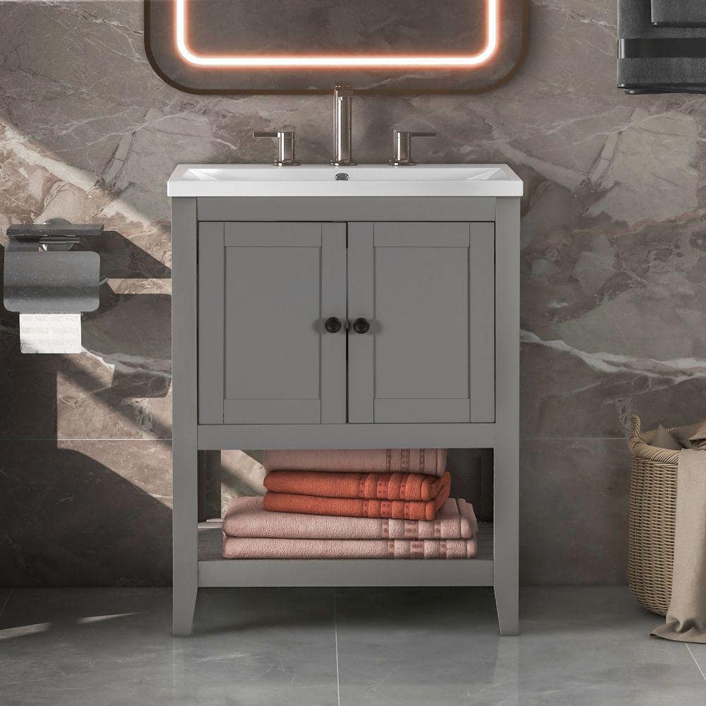 24 in. W x 18. in D. x 34 in. H Bath Vanity in Gray with White Ceramic Top