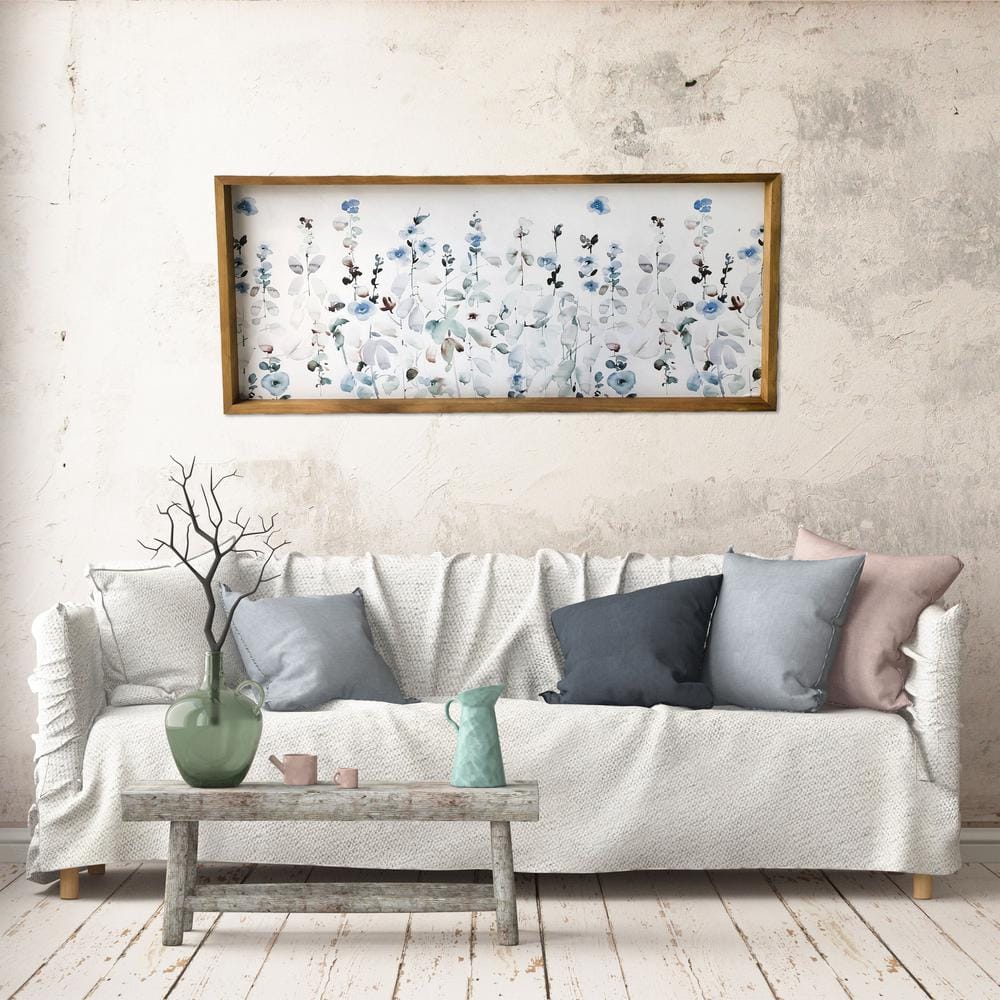 Soft Blue Floral Garden Watercolor Canvas with Pine Frame