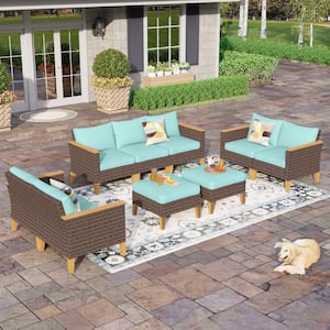 Brown Wicker Rattan 9 Seat 9-Piece Steel Outdoor Patio Conversation Set with Blue Cushions and 2 Ottomans