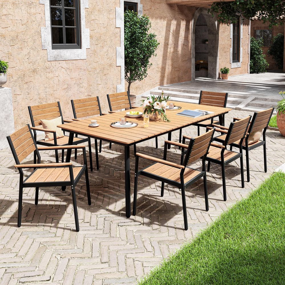 82.5 in. Brown Aluminum Wood-Like Outdoor Dining Set with Umbrella Hole and Stackable Armchairs (9 Pieces) price history on PriceWatchPro