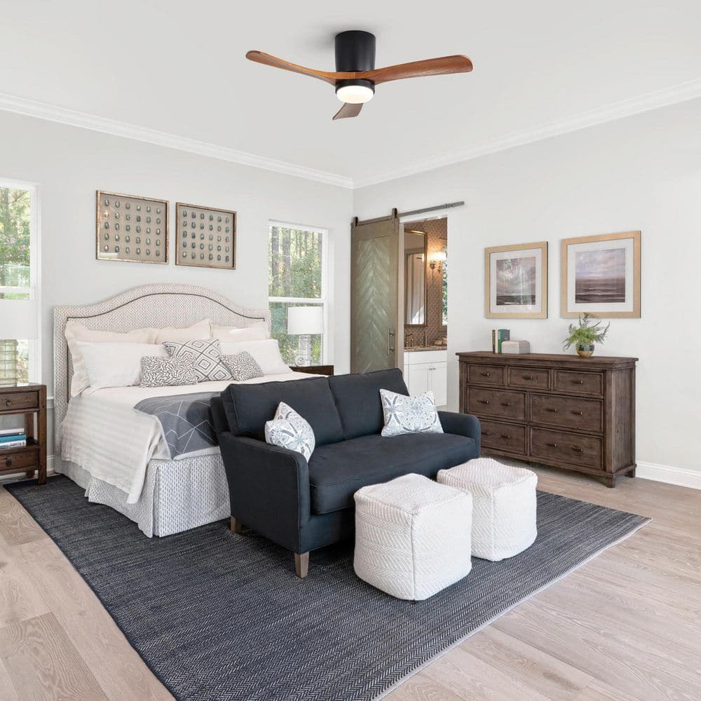 42 in. Indoor Matte Black Flush Mount Standard Ceiling Fan with 3 Solid Wood Blades, Dimmable LED and Remote Control price history on PriceWatchPro