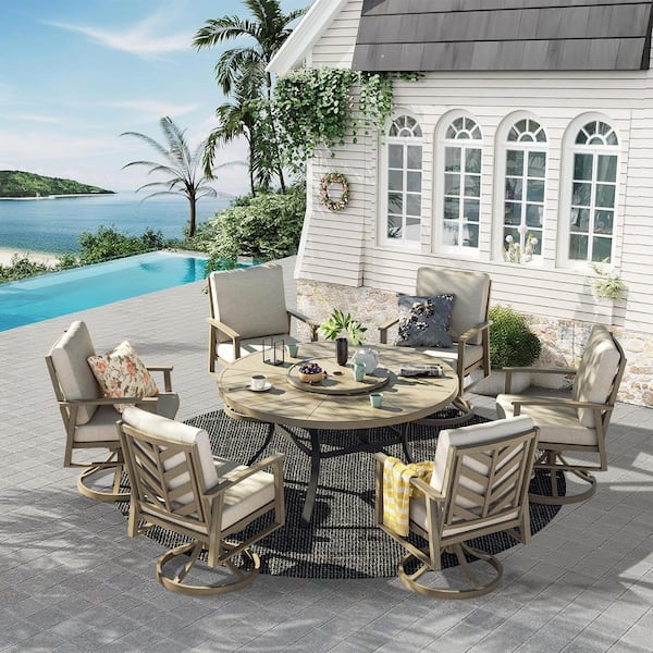 Amario 7-Piece Swivel Aluminum Outdoor Dining Set with Cast Silver Sunbrella Cushions