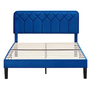 Bed Frame with Upholstered Headboard, Blue Metal Frame Full Platform Bed with Strong Frame and Wooden Slats Support