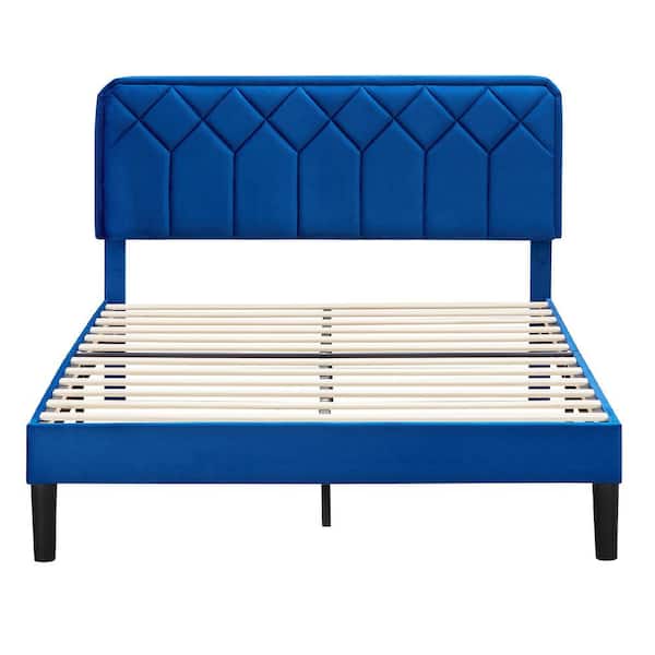VECELO Bed Frame with Upholstered Headboard, Blue Metal Frame Full Platform Bed with Strong Frame and Wooden Slats Support