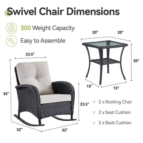 SleekArm Black 3-Piece Wicker Outdoor Rocking Chair with Beige Cushions and Side Table Patio Rockers Poolside