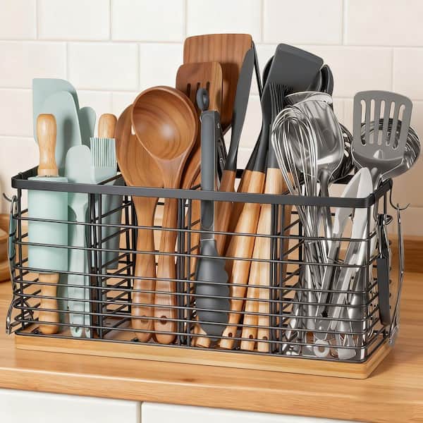 Black Metal Extra Large Kitchen Utensil Holder with Wooden Base and 4 Hooks, 4 Compartments Organizer