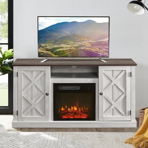 FESTIVO 54 in. Saw Cut-Off White TV Stand for TVs up to 60 in. with Electric Fireplace