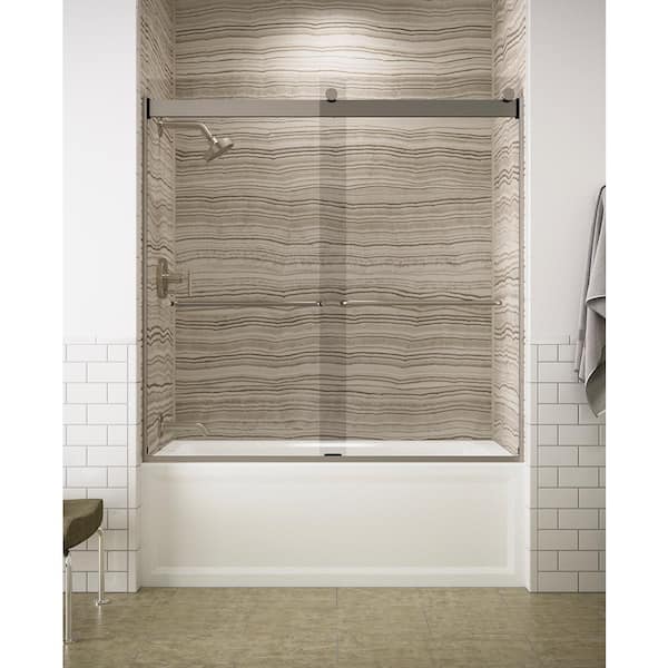 KOHLER Levity 56-60 in. W x 60 in. H Semi-Frameless Sliding Tub Door in Nickel with Towel Bar