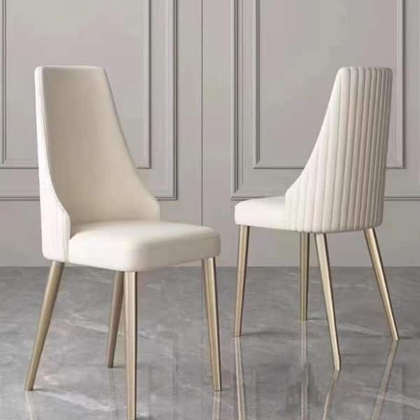 Minimalist White PU Leather Quilted Upholstery Metal Legs Dining Chair Set of 2