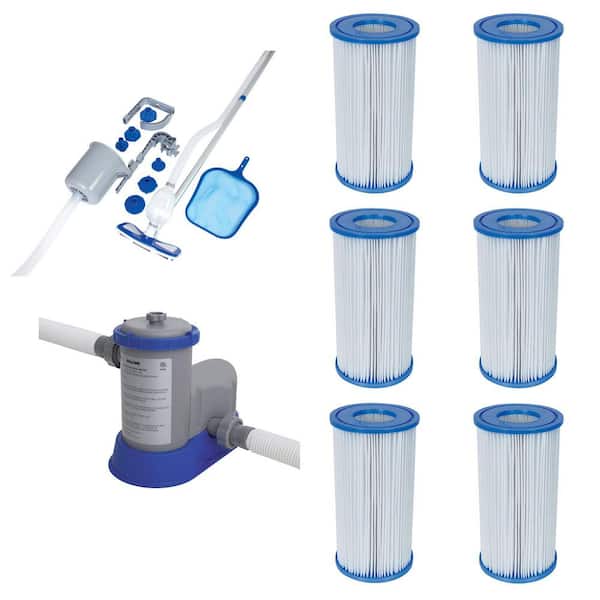 Bestway Pool Filter Pump System, Cleaning Kit, and Replacement Cartridges (6-Pack)