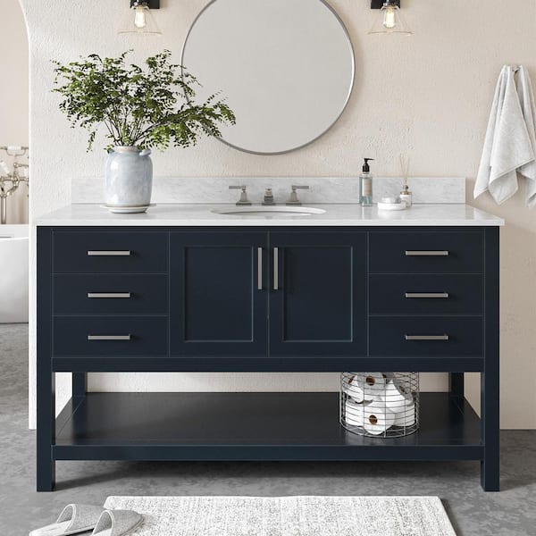 ARIEL Magnolia 61 in. W x 22 in. D x 36 in. H Bath Vanity in Midnight Blue with White Marble Vanity Top with White Basin