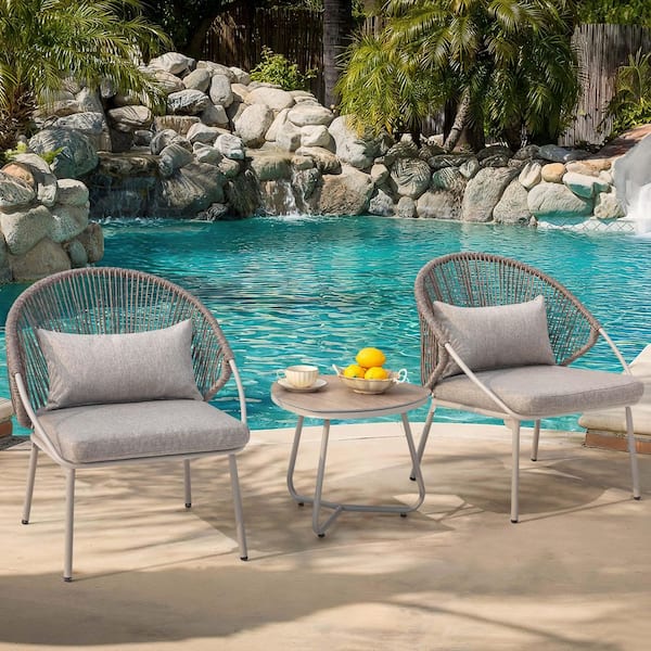 Black 3-Piece Metal and PE Wicker Triangle Outdoor Bistro Set with Zippered Cushions, Wood-Grain Tabletop