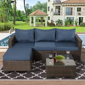 Brown 5-Piece Wicker Outdoor Sectional Set with Dark Blue Cushions and Coffee Table