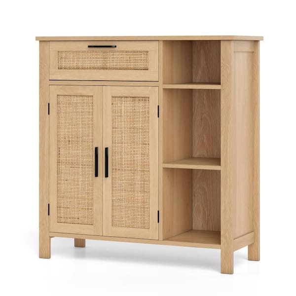 Buffet Sideboard w/Rattan Woven Doors and Drawer Adjustable Shelf and Open Cubbies
