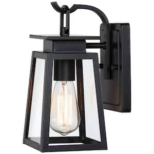 1-Light 10.5 in. Small Black Hardwired Outdoor Tapered Wall Lantern Sconce with Clear Glass