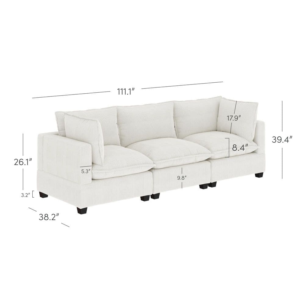 Chelsea White Linen Fabric 111" 3-Seater Sofa with Ottoman