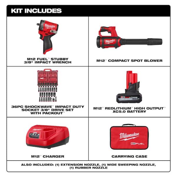 M12 FUEL 12V Stubby 3/8 in. Impact Wrench Kit w/ M12 12V Compact Spot Blower w/ 36-pc 3/8 in. Metric/SAE PACKOUT Socket