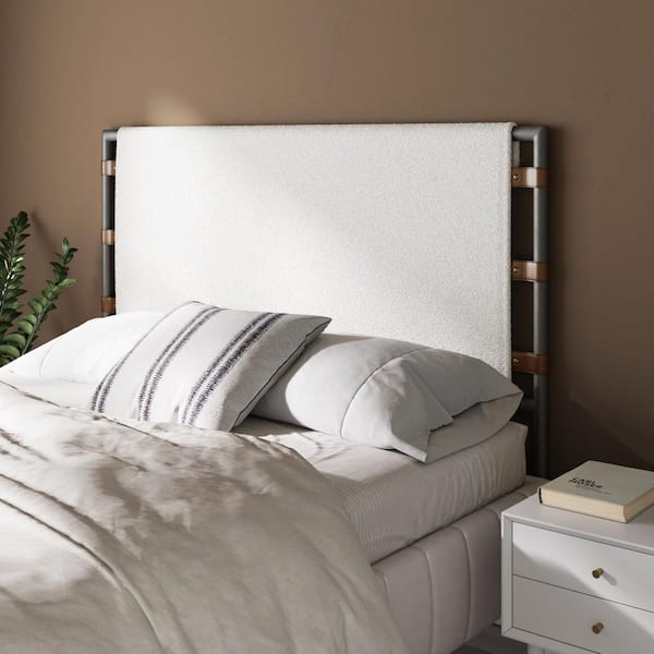 Aspen Queen Headboard, Upholstered in Boucle Fabric and Leather Straps with Metal Frame, White/Dark Brown