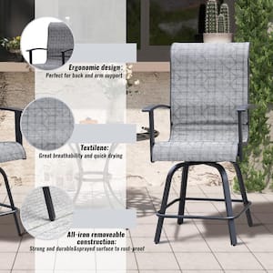 2-Piece Metal Outdoor Dining Chairs Swivel Barstool with Black and Gray Check Cushions