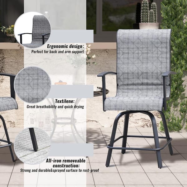 2-Piece Metal Outdoor Dining Chairs Swivel Barstool with Black and Gray Check Cushions
