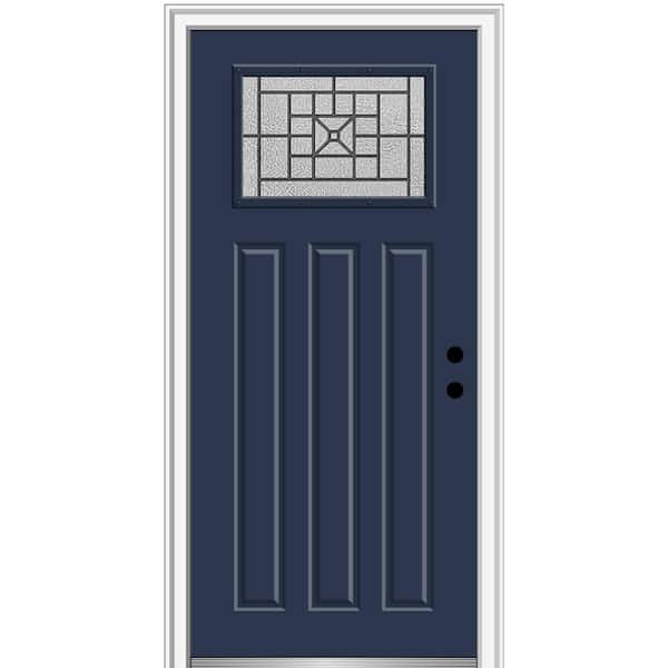 MMI DOOR Courtyard 36 in. x 80 in. Left-Hand 1-Lite Decorative Craftsman 3-Panel Blue Fiberglass Smooth Prehung Front Door
