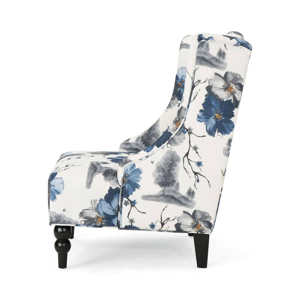 Handcrafted Floral Brown Wood Slope Arm Club Accent Chair