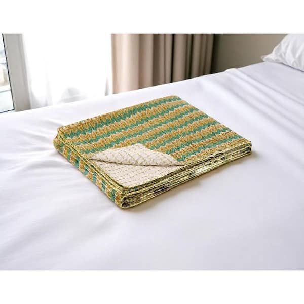 Gold, Green Chevron Cotton Throw Blanket