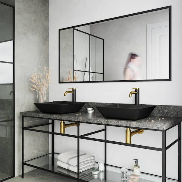 VIGO Matte Shell Roma Glass Square Vessel Bathroom Sink in Black with Lexington Faucet and Pop-Up Drain in Matte Gold