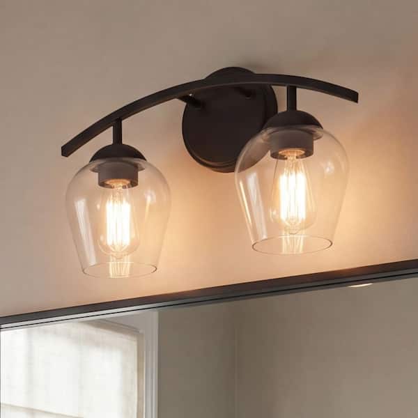 16 in. W x 9.87 in. H 2-Light Matte Black Bathroom Vanity Light with Clear Glass Shades