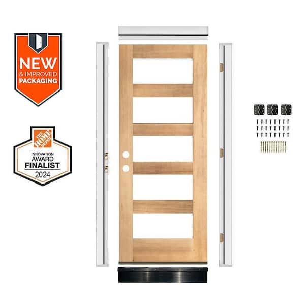 Krosswood Doors DIY 32 in. x 80 in. Modern Hemlock RH 5-Lite Clear Glass Clear Stain Wood Front Door Kit w/ Quick Assemble Jamb