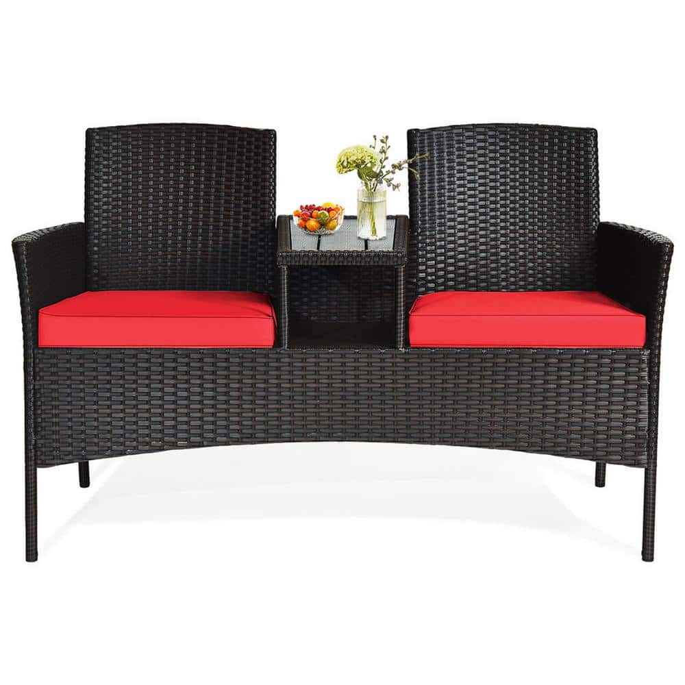 3-Piece Rattan Wicker Patio Conversation Set with Loveseat Table and Red Cushions price history on PriceWatchPro