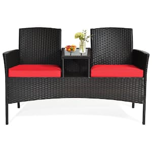 3-Piece Rattan Wicker Patio Conversation Set with Loveseat Table and Red Cushions