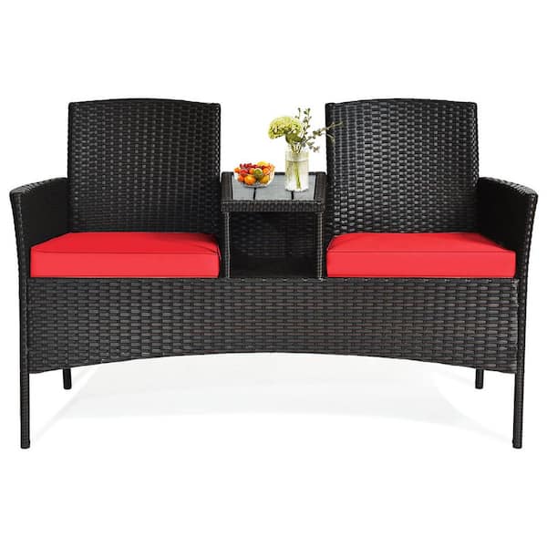 Gymax 3-Piece Rattan Wicker Patio Conversation Set with Loveseat Table and Red Cushions