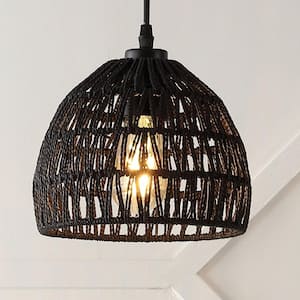 Campana 8.25 in. 1-Light Bohemian Modern Woven Rope/Iron LED Pendant Light, Black