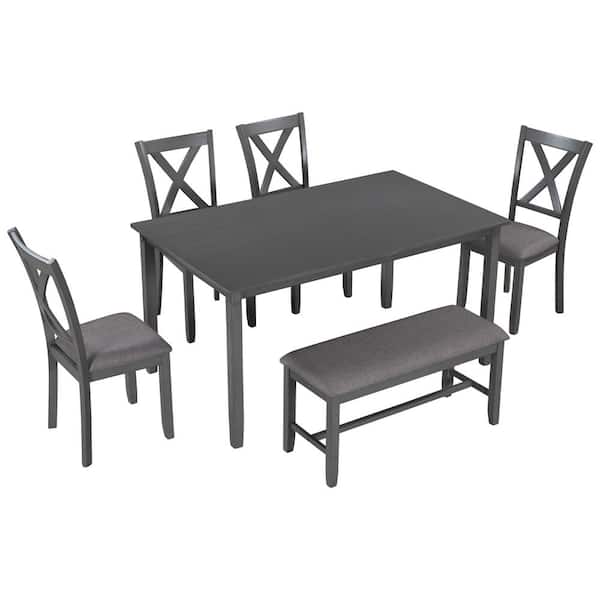 6 Pieces Dining Table Set with Bench, Wood Rectangle Table, 4 Chairs and  Bench with Cushion, Kitchen Table Chairs Set for 6 Persons (Gray)