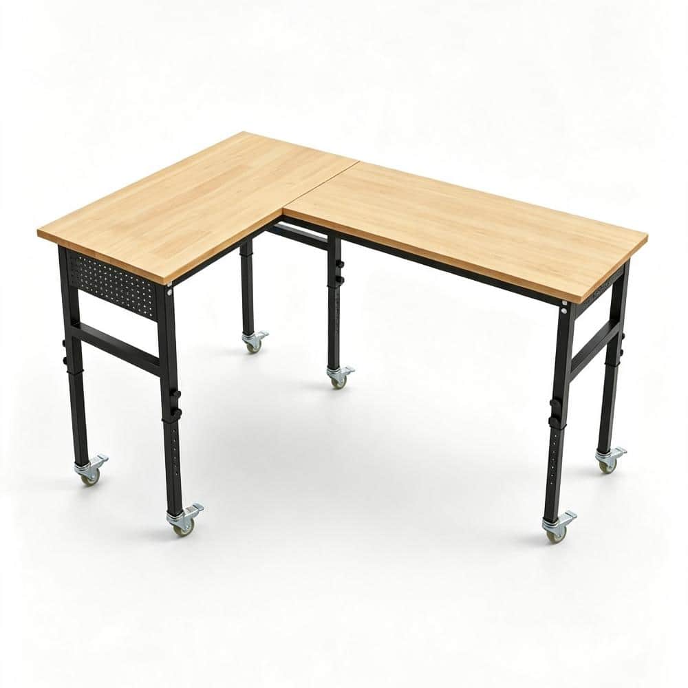 "Workbench Adjustable Height 118"" L-Shaped Wood Table, 2000 LBS Capacity Mobile Desk with Power Outlets & Pegboard" price history on PriceWatchPro