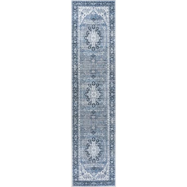 Asa Ornate Medallion Machine-Washable Blue/Cream 2 ft. x 8 ft. Runner Rug