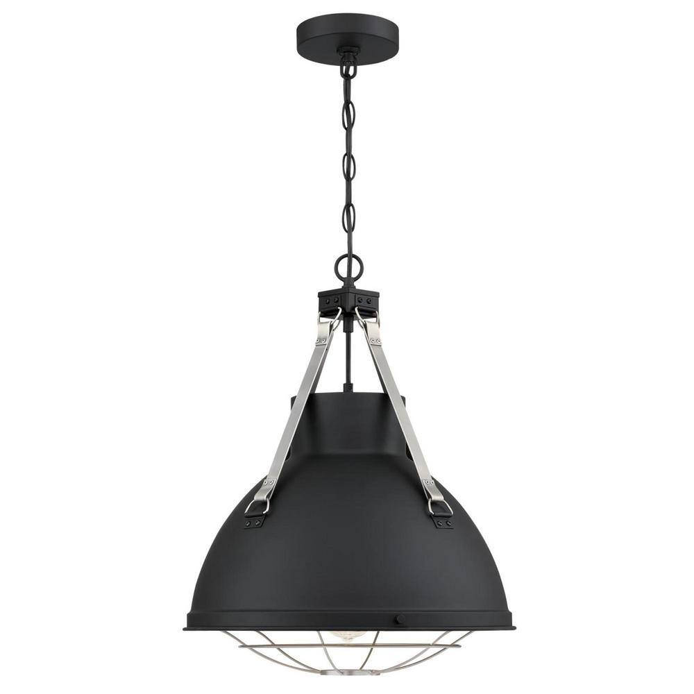 Matte Black Industrial Cage Pendant Light with Pewter Accents