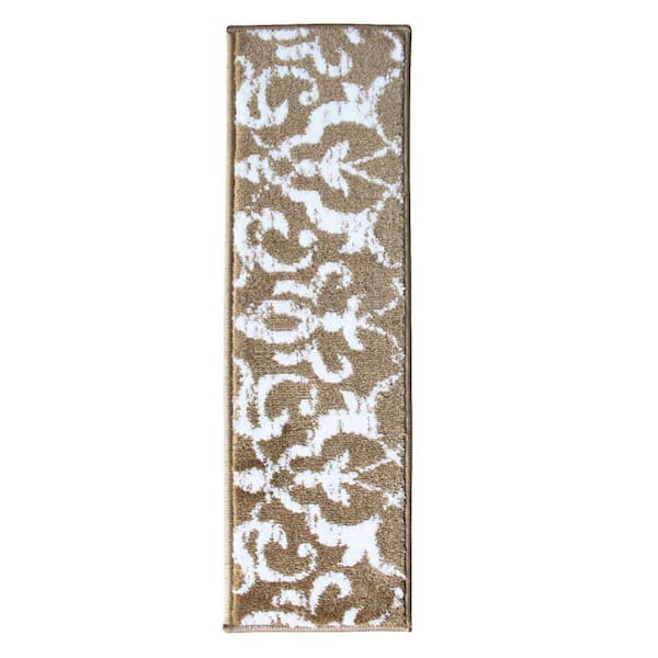 Floral Collection Beige 9 in. x 28 in. Polypropylene Stair Tread Cover (Set of 15)