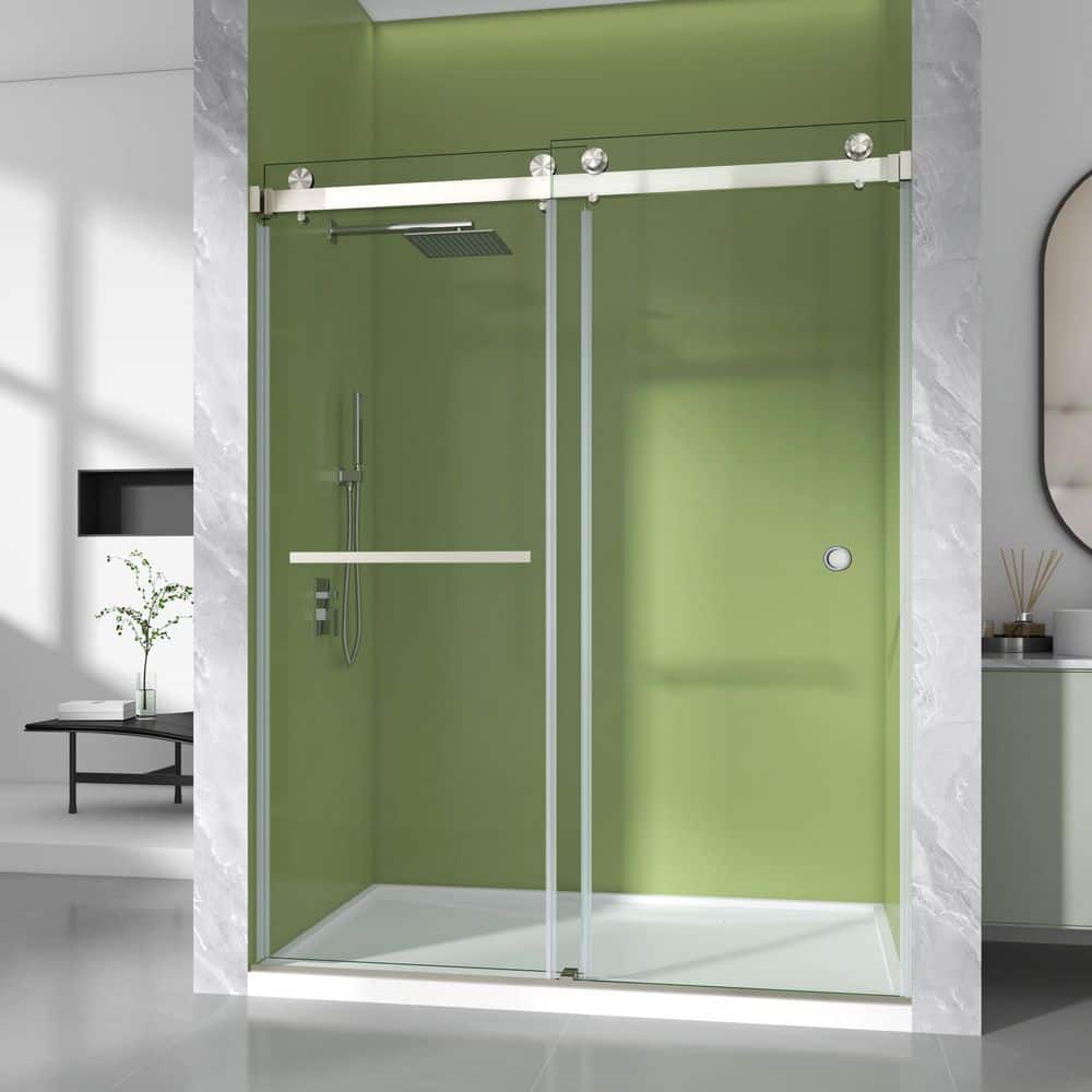 44-49 in. W x 76 in. H Double Sliding Frameless Shower Door in Brushed Nickel 3/8 in. Clear SGCC Glass with Towel Bar price history on PriceWatchPro