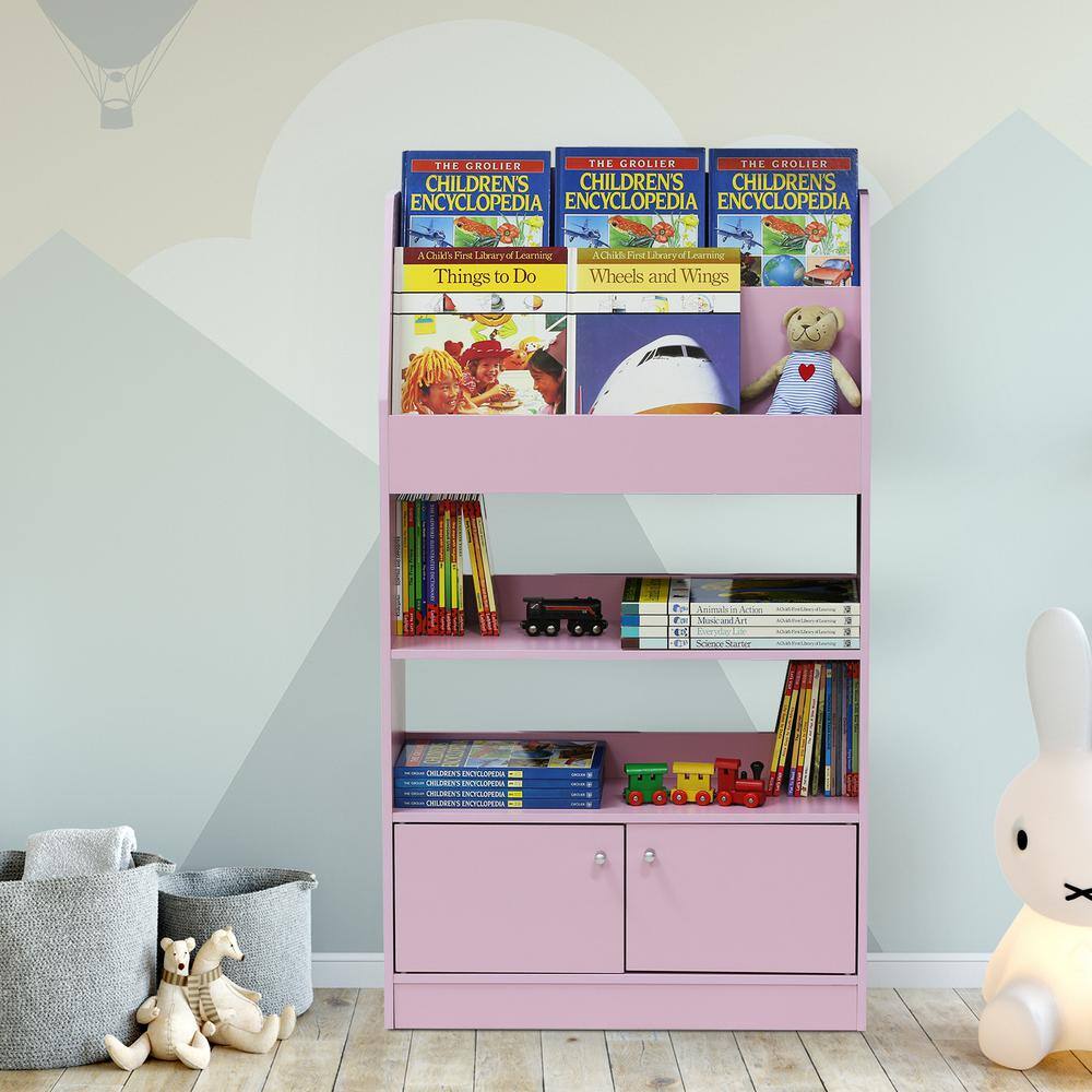 Contemporary Laminated Pink Wood Bookshelf for Kids with 4 Tiers and Cabinet