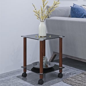 Black Glass Nightstand with Wheels, Square Sofa Side Table with Brown Metal Legs for Living Room / Bedroom / Bathroom