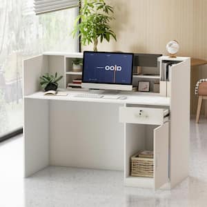 Rectangular White Wooden Computer Desk, Writing Desk with Drawer, 4-Tiler Adjustable Shelves, 55.1 in. W-23.6 in.D