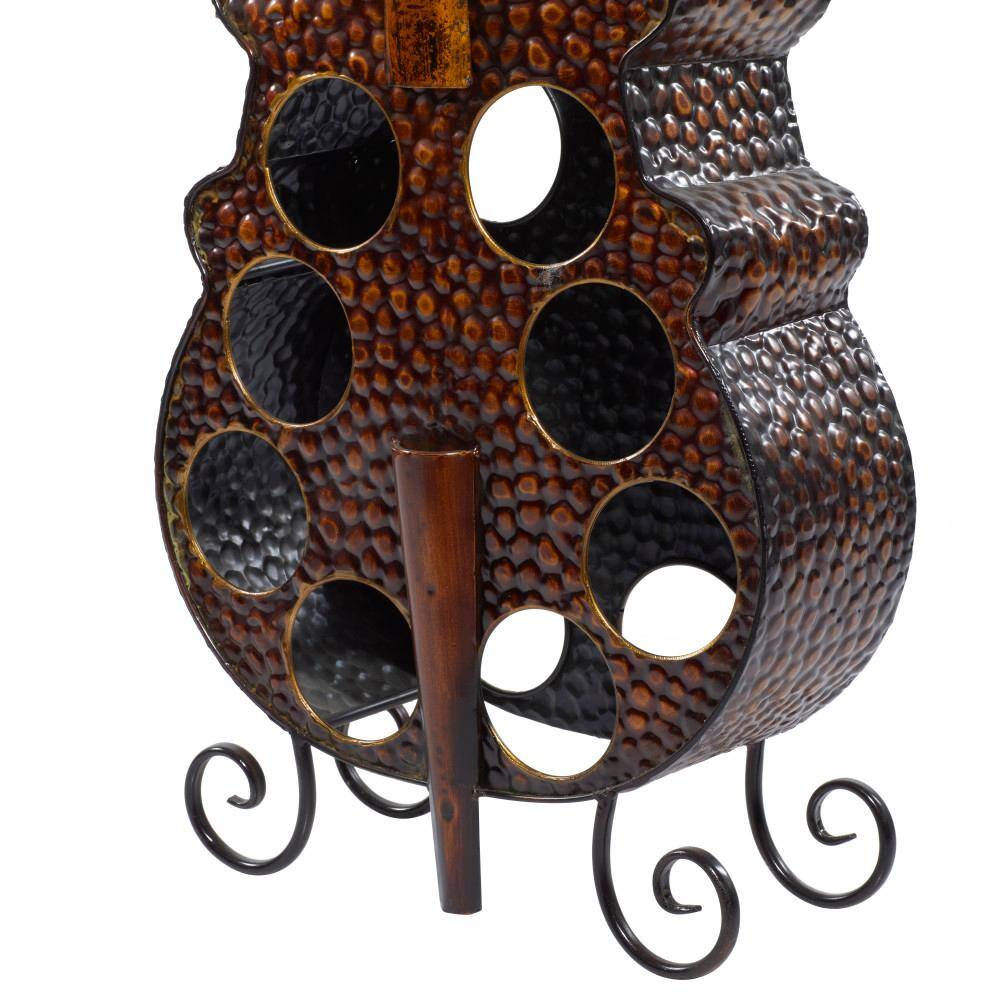 Antique Brass Cello Shaped Metal Wine Rack with Leaf Pattern