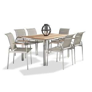 Aruba 7-Piece Steel and Teak Wood Rectangular Outdoor Dining Set with Taupe Fabric Chairs