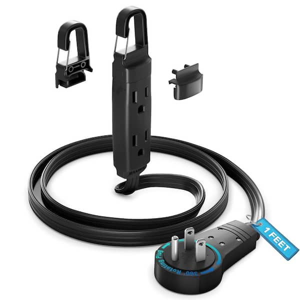MAXIMM 1 ft. 16/3 Light Duty Indoor Extension Cord with 360° Rotating Flat Plug 3-Outlet with Hook, Black